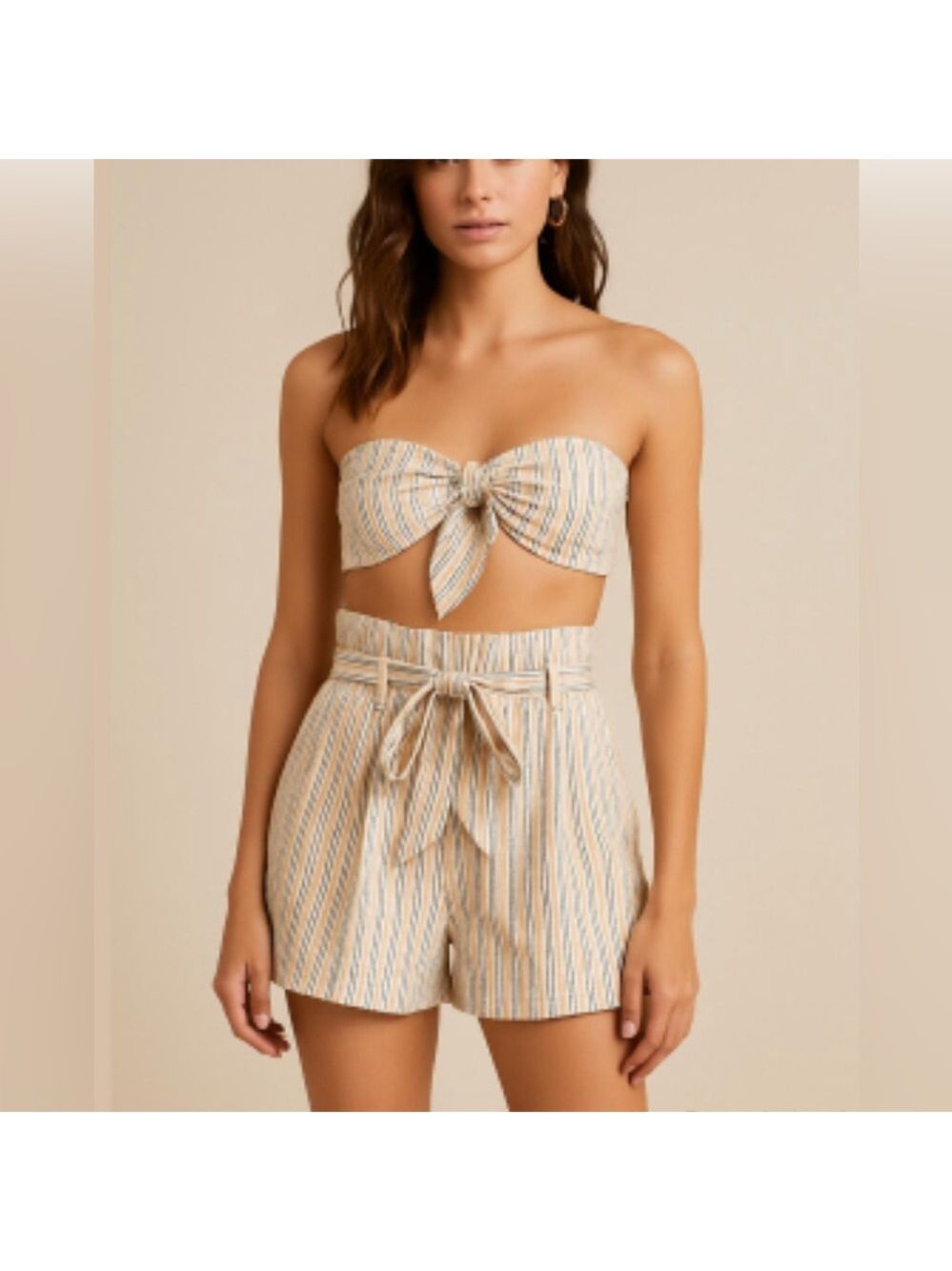 Olivaceous linen two piece Striped belted shorts and strapless crop top set M